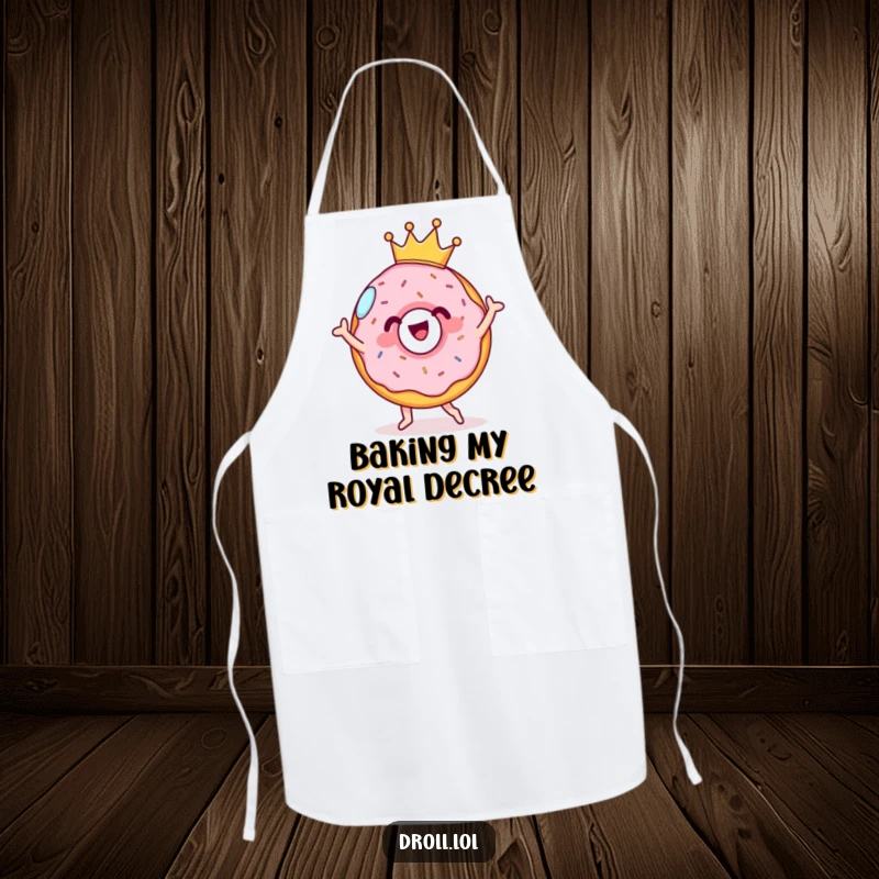Funny cheerful donut wearing a tiny crown, doing a silly dance on a chef's apron. Sweet and functional.