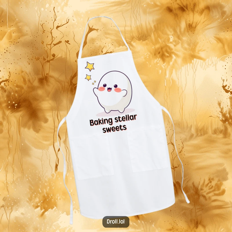 Funny playful blob character trying to catch falling stars, a humorous apron for the kitchen.