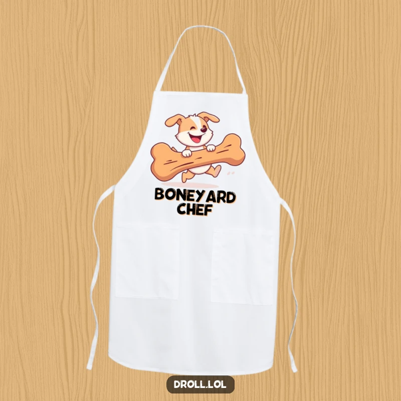 Funny Apron showing a cheerful dog gleefully chasing a giant bone with a silly grin, for kitchen fun.