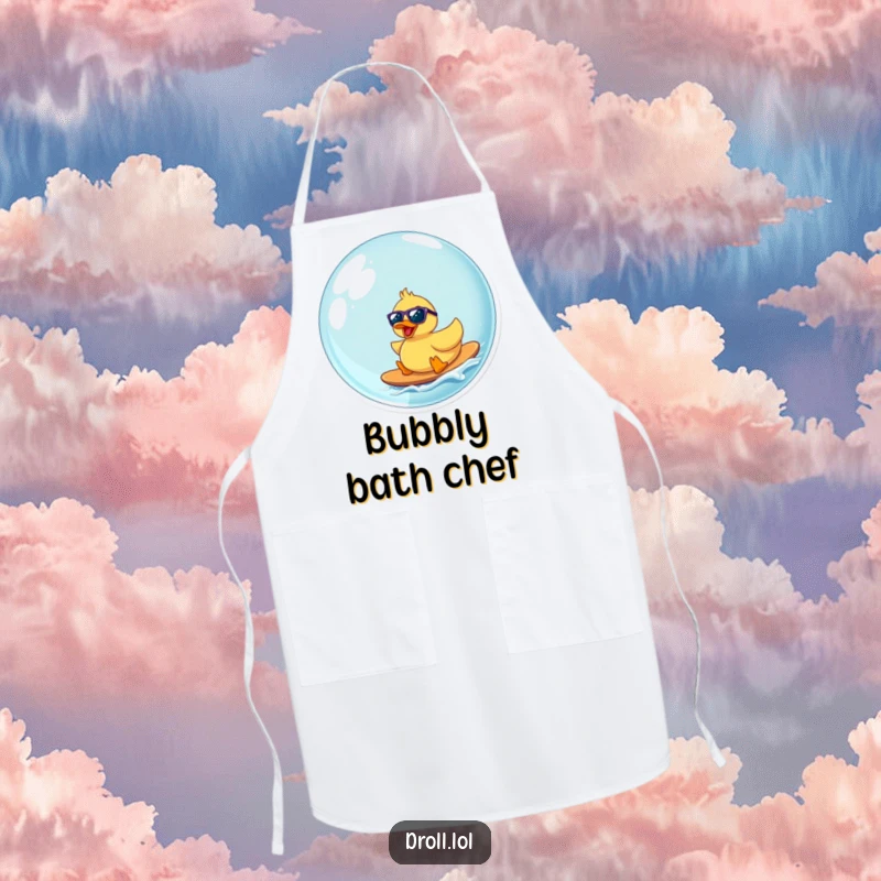 Funny rubber duck wearing sunglasses surfs a bubble, a humorous and practical apron for cooking and baking.