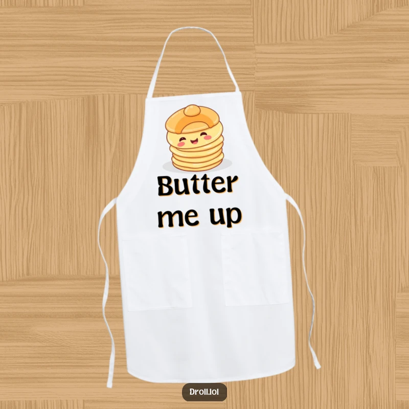 Funny Happy Pancake Apron: An apron with a happy pancake character comically tumbling off a stack, ideal for a humorous kitchen.