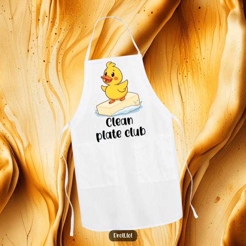 Funny determined rubber duck surfing a giant bar of soap on a chef's apron, a humorous kitchen accessory for brave cooks.