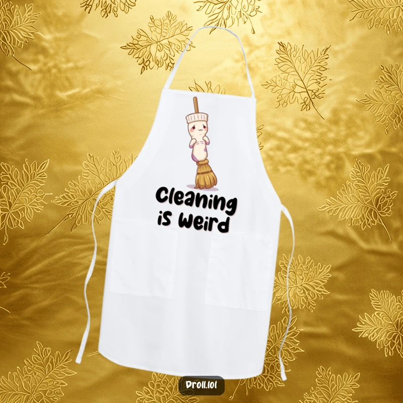 Funny apron depicting a confused sock trying to put itself on a broom handle, perfect for humorous kitchen duties.