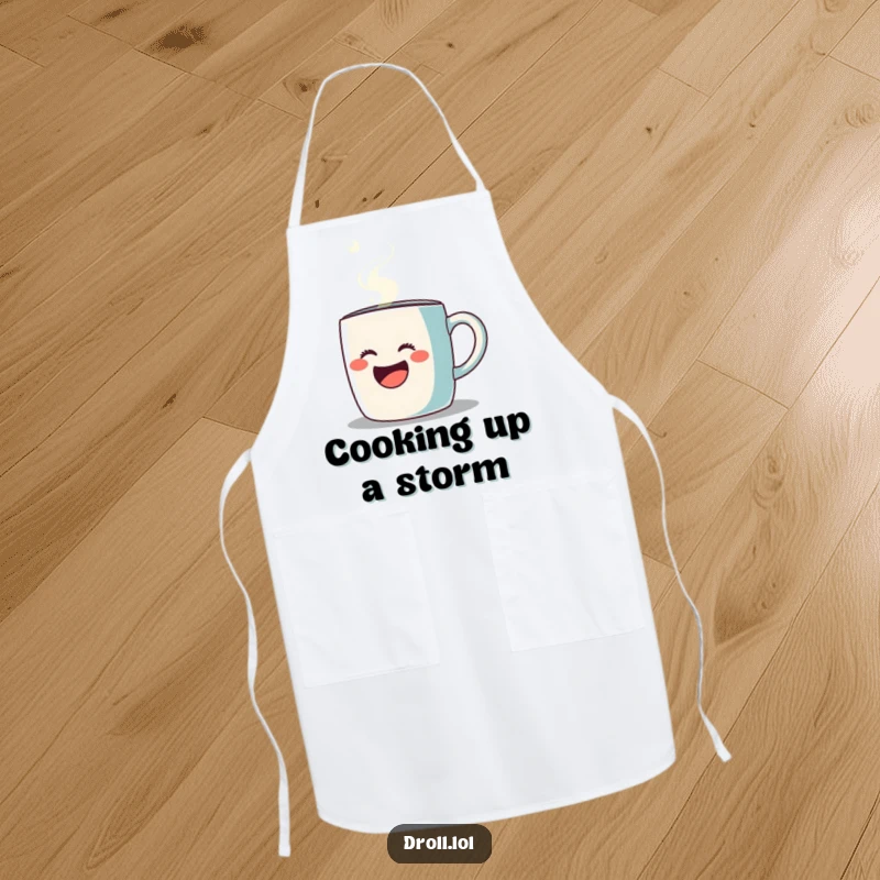 Funny apron for chefs featuring a coffee mug singing opera with steam, kitchen humor, practical and humorous design.