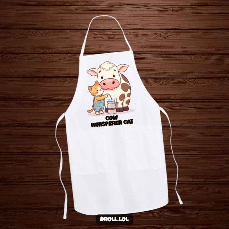 Funny apron with a cat in overalls attempting to milk a giant, bewildered cow, perfect for humorous kitchen activities.