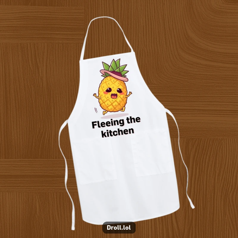 Funny apron depicting a panicked pineapple character on tiny legs with a jaunty hat, running away from the kitchen chaos.