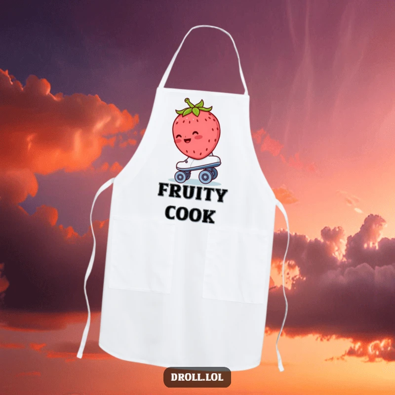 Funny strawberry apron depicting a blushing strawberry riding backwards on a roller skate, adding whimsical charm to the kitchen.