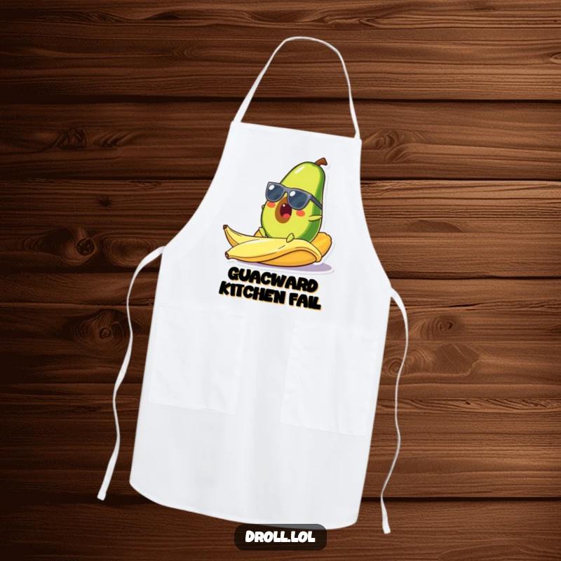 Funny apron with a surprised avocado wearing sunglasses slipping on a banana peel, perfect for adding a touch of comedy to cooking.