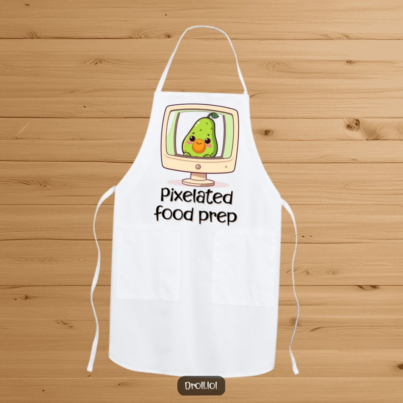 Funny apron with a curious avocado peeking from a giant computer screen, ideal for humorous and nerdy cooking.