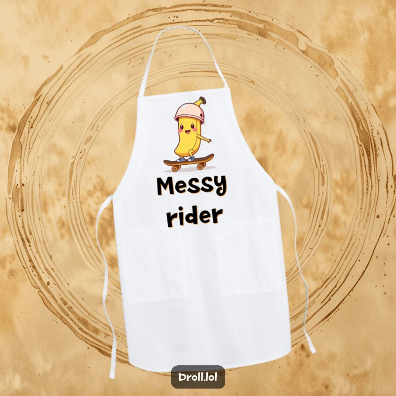 Funny Banana Skater Apron: A happy banana peel wearing a tiny helmet while skateboarding adorns this fun kitchen apron.