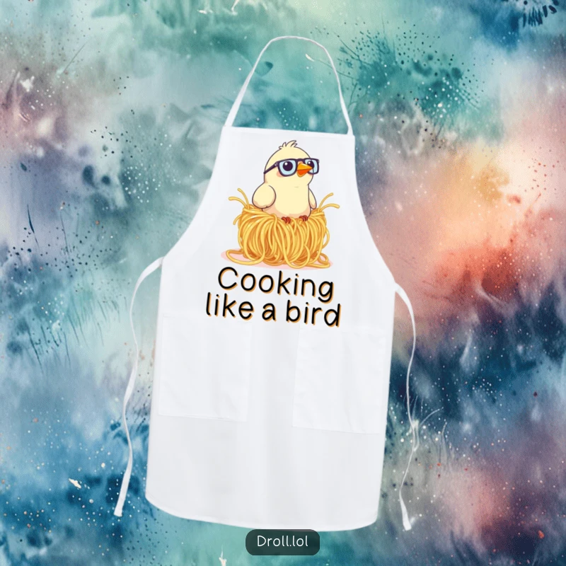 Funny apron illustrating a bird with glasses comically attempting to build a nest using enormous, unwieldy spaghetti.
