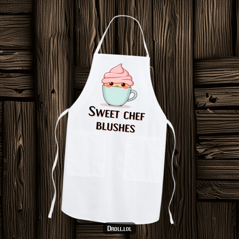 Funny blushing cupcake hiding behind a tiny coffee cup, featured on a humorous and practical kitchen apron.