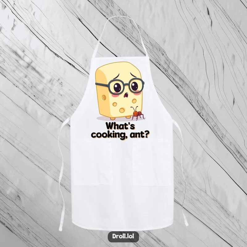 Funny cheese character in spectacles observing an ant, depicted on a kitchen apron for a humorous cooking experience.