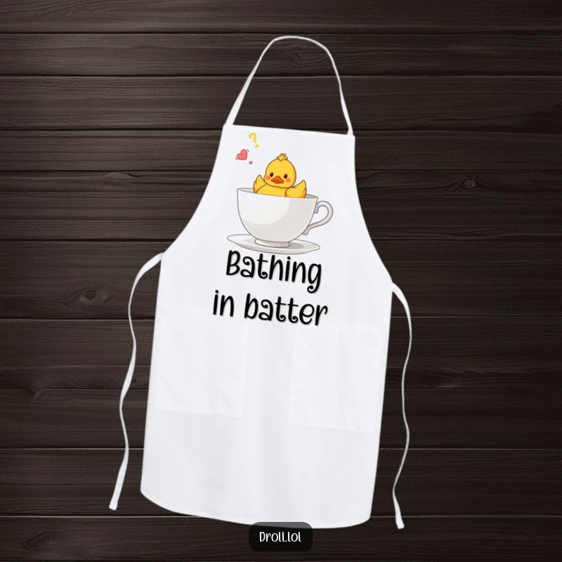 Funny apron displaying a confused rubber duck floating in a large teacup, ideal for kitchen fun.
