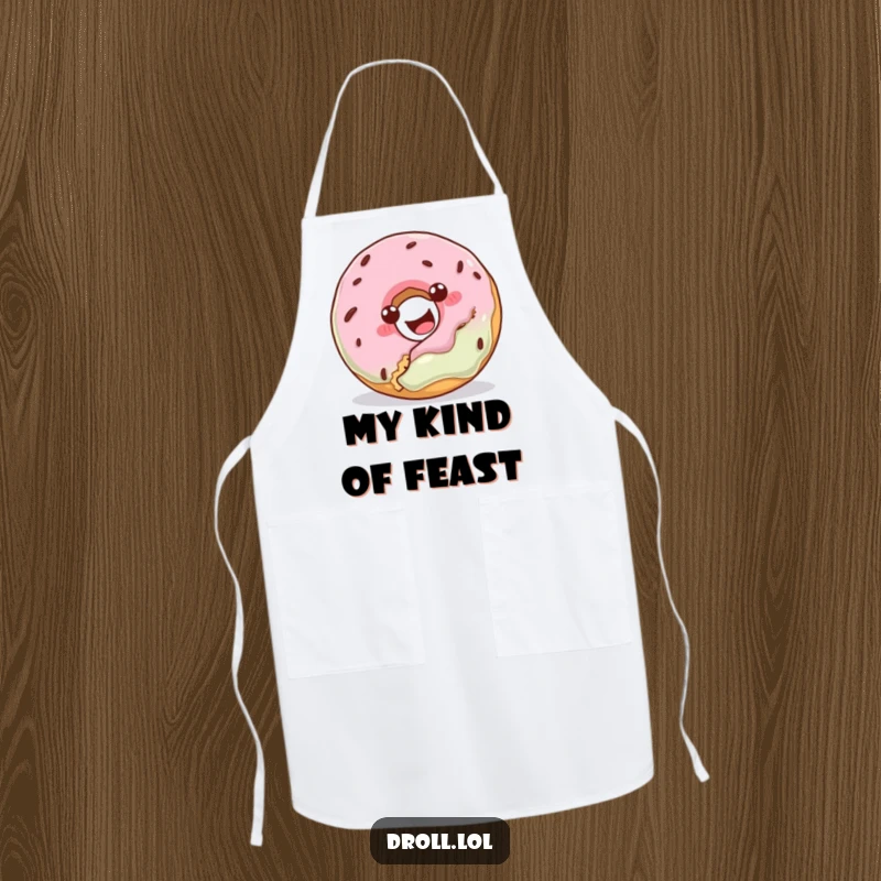 Funny apron showing a donut attempting to bite a cookie, perfect for humorous cooking and baking adventures.