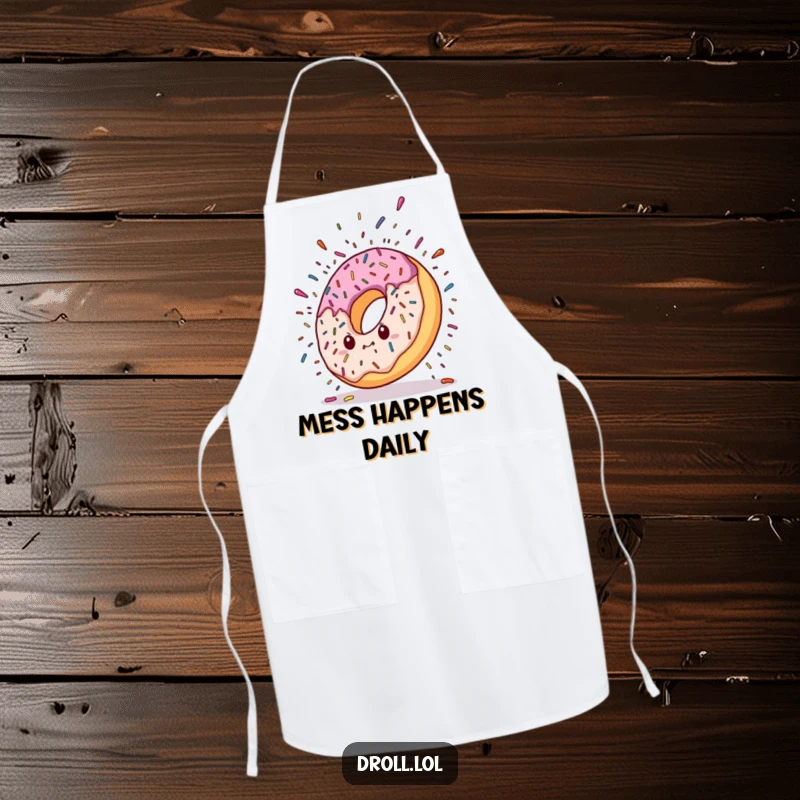 Funny apron depicting a donut character dramatically falling, with a colorful explosion of sprinkles, bringing a humorous and sweet touch to kitchen wear.