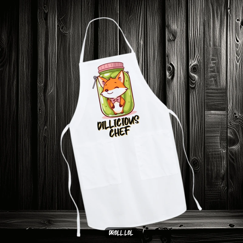 Funny Apron: A fox in a bow tie stuck in a pickle jar brings hilarious, quirky fun to cooking, making it an absurdly enjoyable experience.