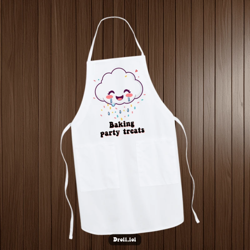 Funny apron depicting a smiling cloud joyfully showering confetti, perfect for festive kitchens.