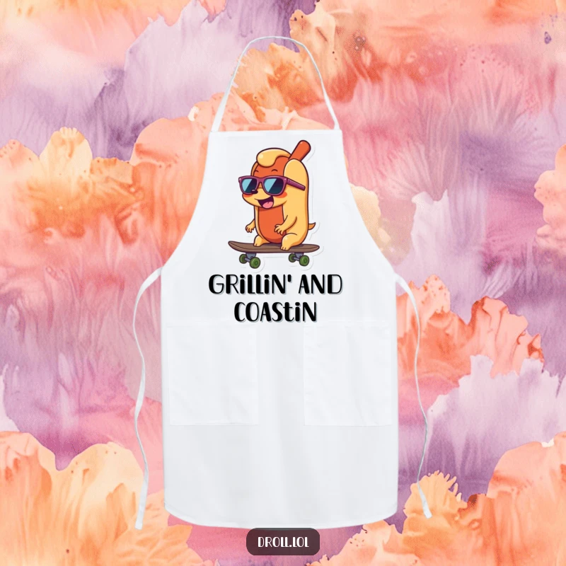 Funny happy, wiggling hot dog wearing sunglasses, riding a skateboard, printed on a practical and humorous apron.