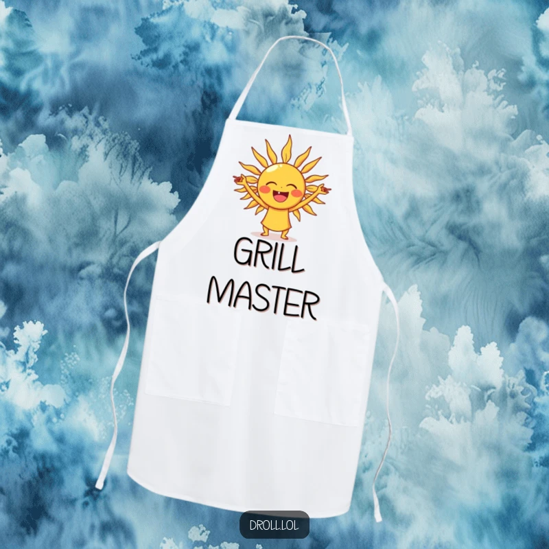 Funny laughing sun apron, practical for cooking, featuring a sun stretching its rays like yoga poses.