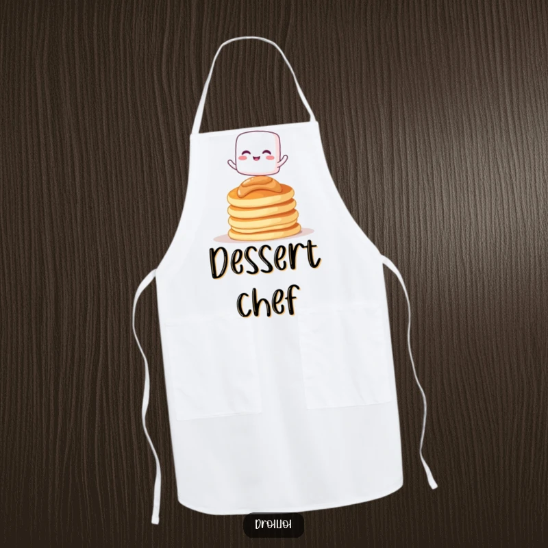 Funny apron with a giggling marshmallow character balancing on pancakes, great for kitchen use.