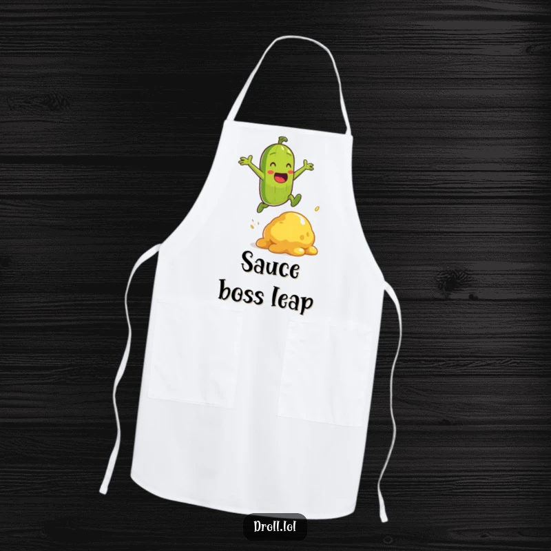 Funny energetic pickle character in a chef's hat, heroically jumping over a mustard blob on an apron.