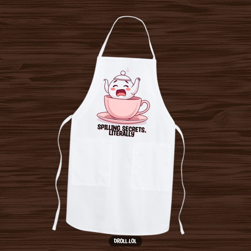 Funny Startled Teapot Apron: A cook's apron with a startled teapot comically escaping a teacup, ideal for a humorous kitchen.