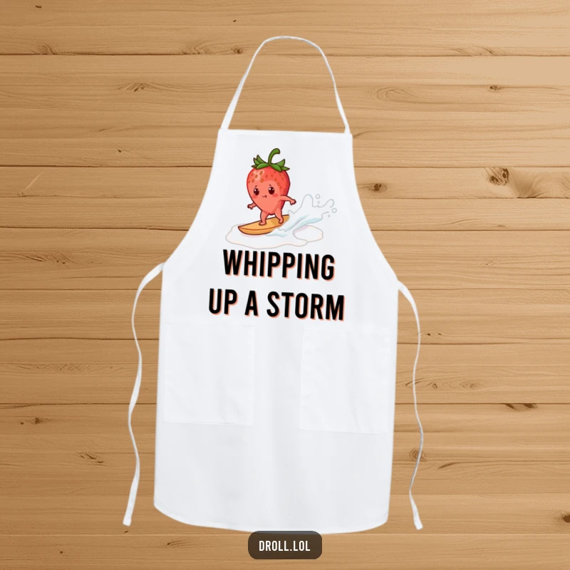 Funny strawberry apron depicting a determined strawberry surfing a milk wave, ideal for adding a humorous and adventurous flair to cooking.
