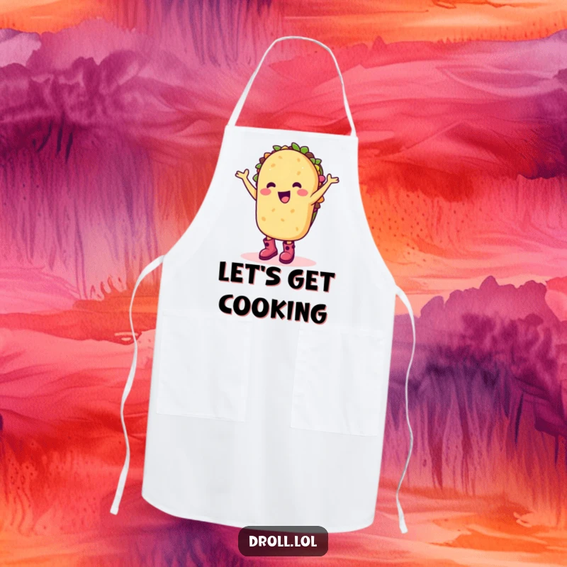 Funny apron with a happy taco character in boots doing a silly dance, great for kitchen festivities.