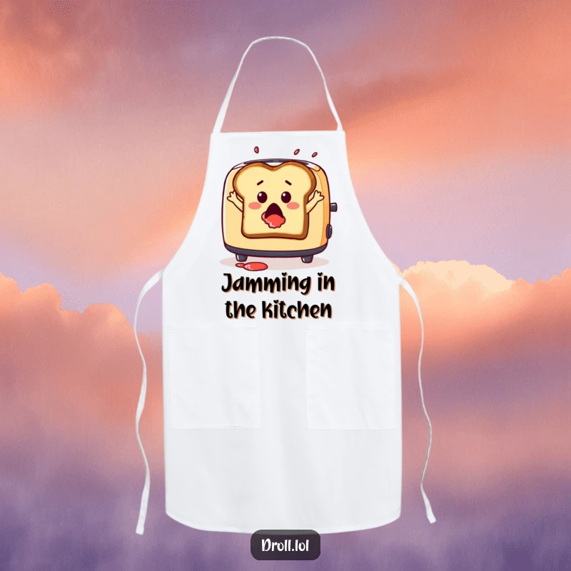 Funny apron with a surprised slice of toast leaping from a toaster with jam splatter, ideal for humorous cooking.