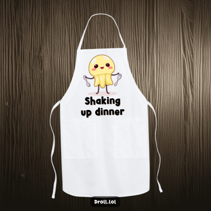 Funny Apron: A wobbly jelly trying to juggle three tiny spoons. Humorous kitchen wear for aspiring jugglers.