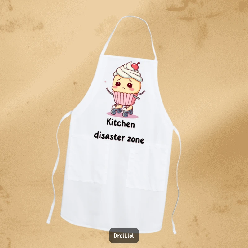 Funny apron featuring a bewildered cupcake on roller skates, looking ready to fall, perfect for the kitchen.