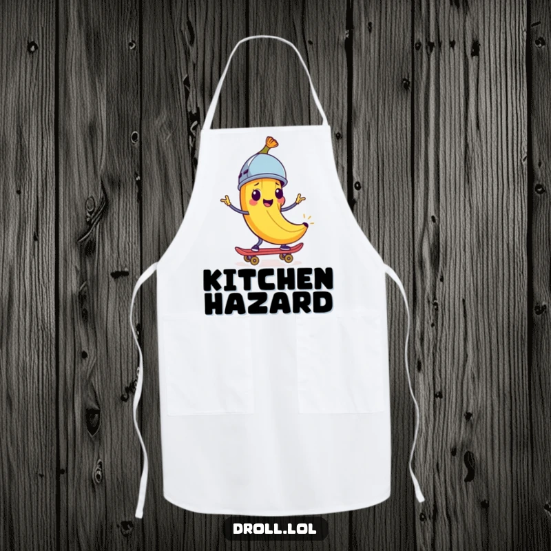 Funny Apron: A happy banana peel wearing a helmet rides a skateboard. Humorous kitchen wear for adventurers.