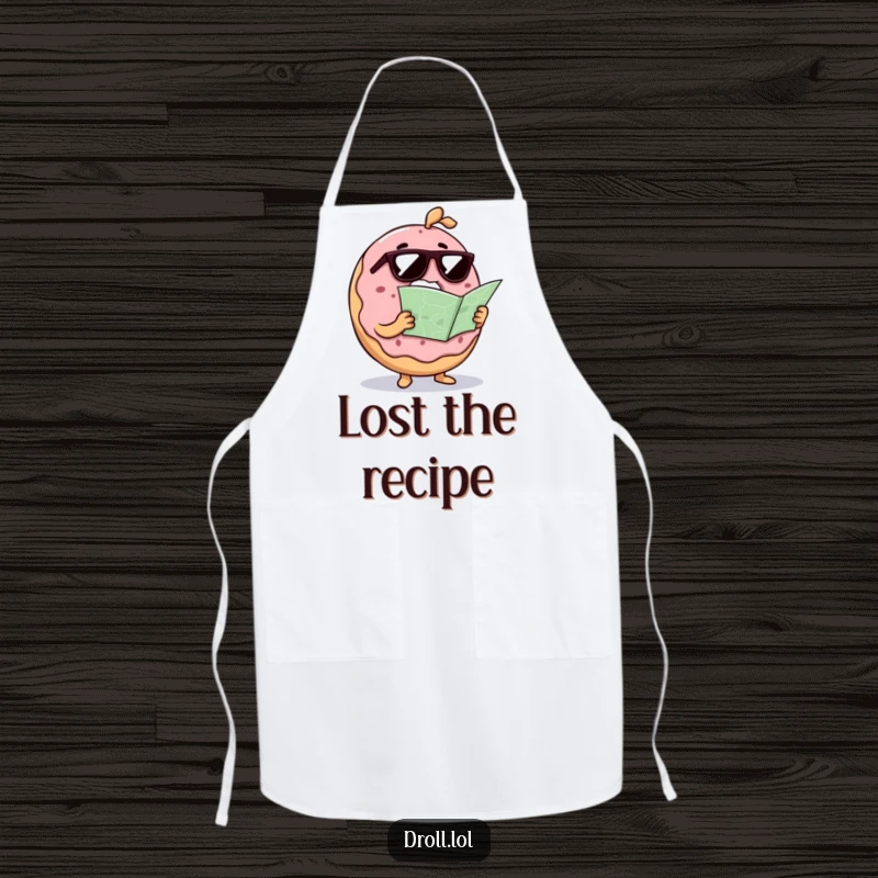 Funny confused donut with sunglasses and a map on a chef's apron, a humorous kitchen accessory for cooking mishaps.