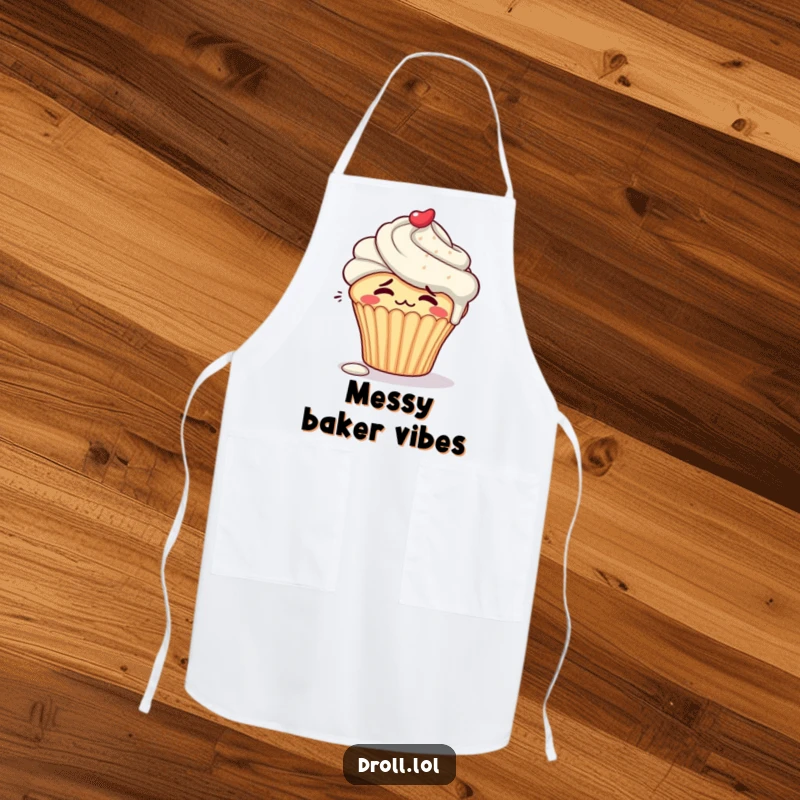 Funny embarrassed cupcake character blushing with frosting dripping down its side on a baking apron.