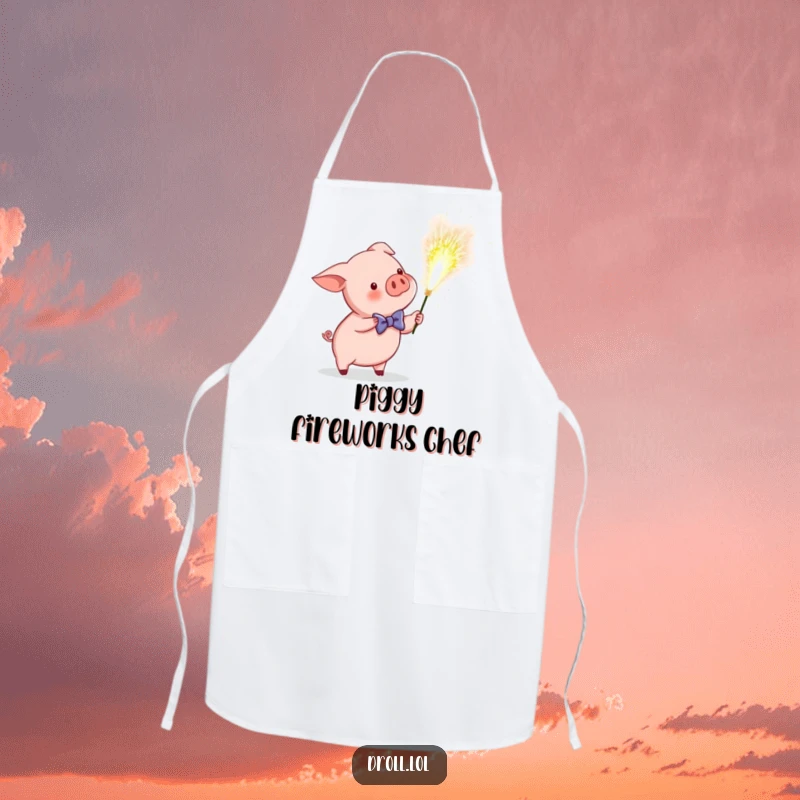 Funny apron with a piglet in a bow tie accidentally igniting a giant sparkler, perfect for humorous kitchen activities.