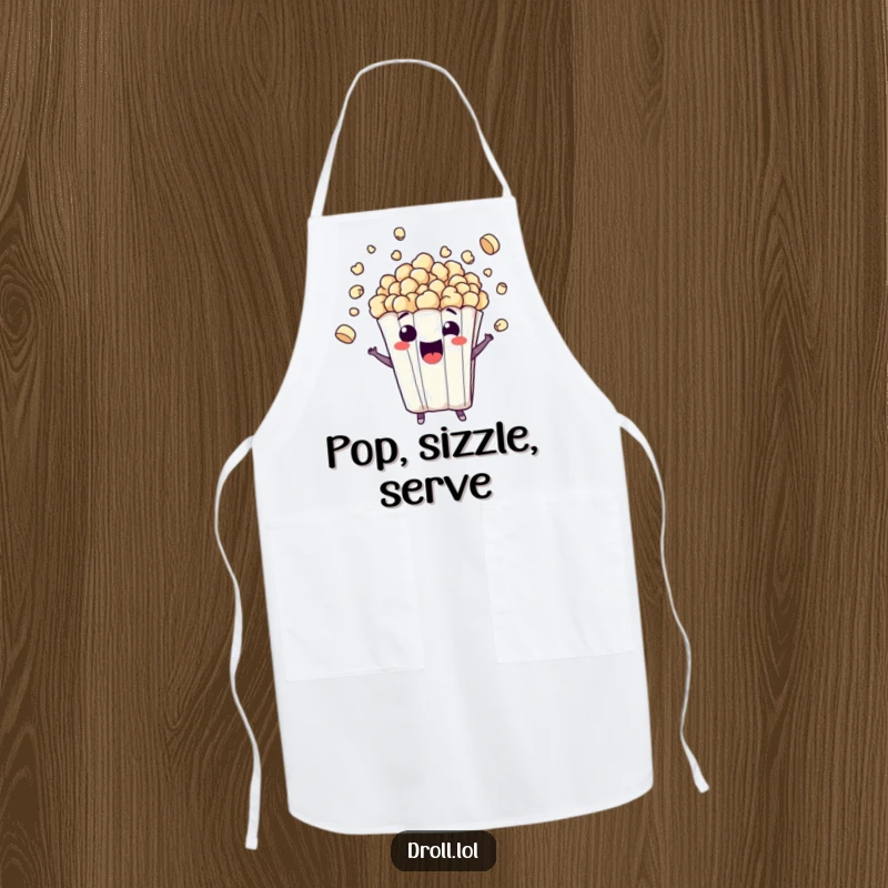 Funny apron showcasing a mischievous popcorn bag character bursting with kernels, perfect for kitchen fun, a great funny gift.