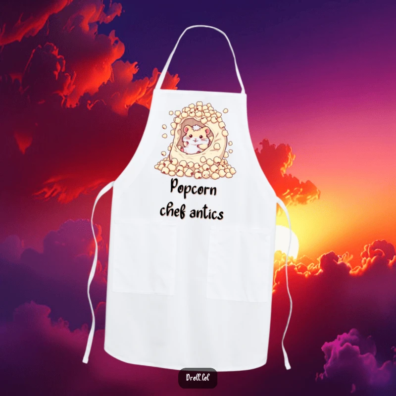Funny apron with a happy hamster rolling in a giant, overflowing bag of popcorn kernels, perfect for humorous kitchen activities.