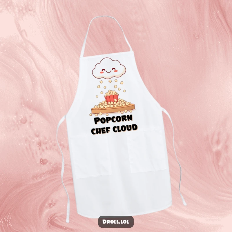Funny apron design: a happy cloud raining popcorn, ready to add a touch of whimsical fun to meal preparation.