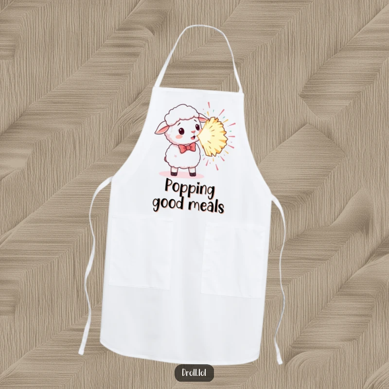 Funny apron depicting a sheep in a bowtie surprised by a giant, exploding party popper.