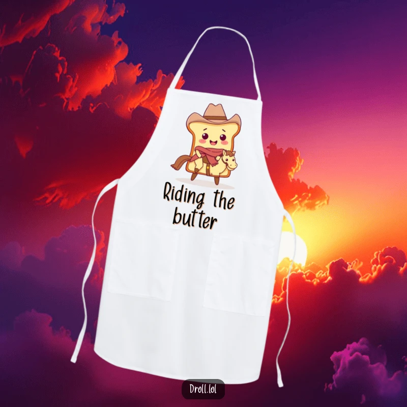 Funny Cowboy Bread Apron: A bread slice cowboy riding a butter pat, ideal for kitchen adventures.