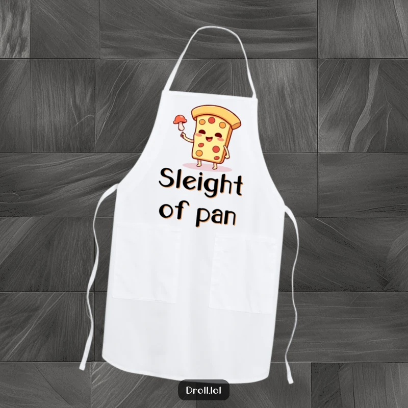 Funny pizza slice character in a chef hat on an apron, performing a magic levitation trick with a mushroom.