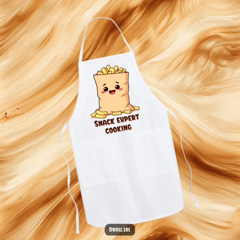 Funny mischievous potato hiding behind a giant bag of chips, featured on a humorous and practical kitchen apron.