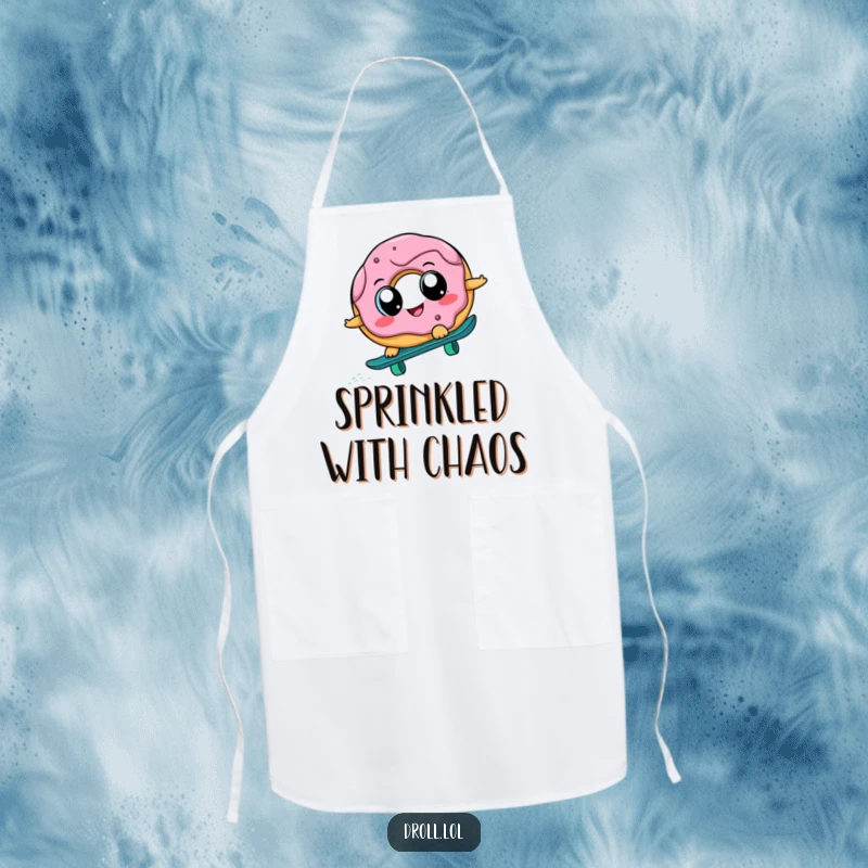 Funny donut character attempting to skateboard downhill while cooking, printed on a durable apron, making kitchen tasks hilariously fun.