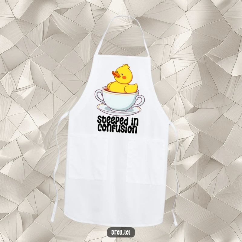 Funny confused rubber duck in a giant teacup, a humorous apron for kitchen fun.