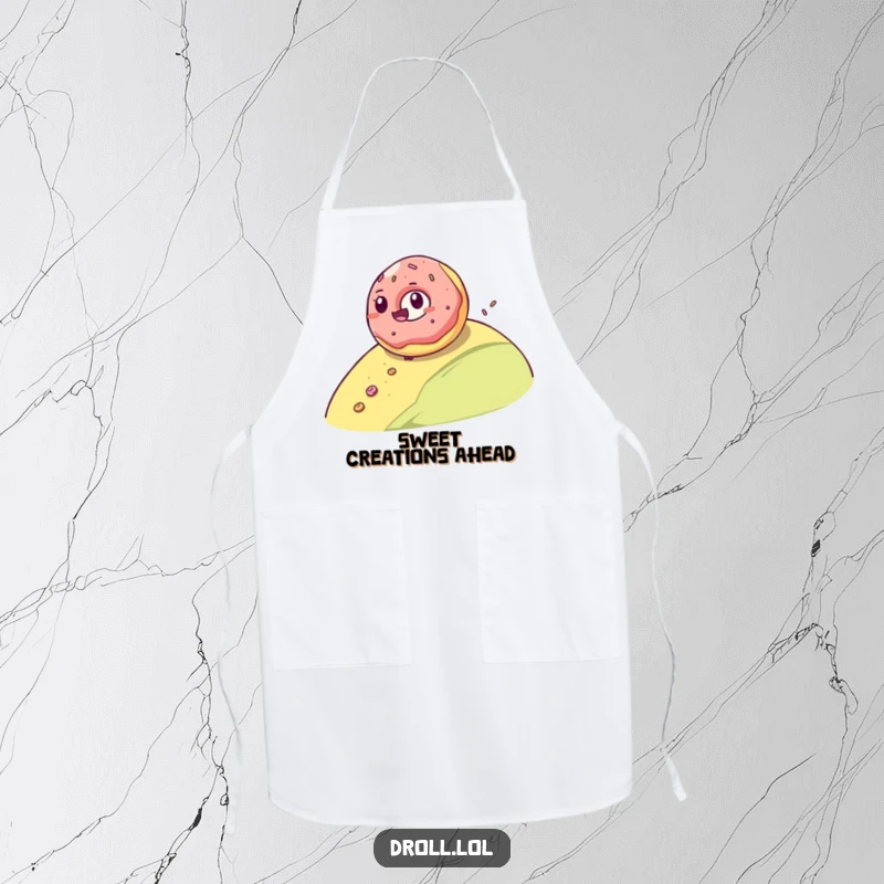 Funny apron depicting a giggling jelly donut rolling downhill, leaving a sugary trail, bringing sweet fun to cooking.