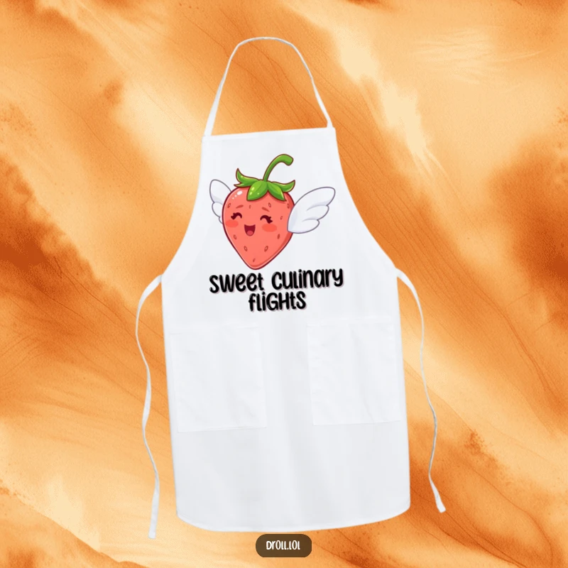Funny apron featuring a delighted strawberry with tiny wings, looking like it's about to fly, perfect for the kitchen.