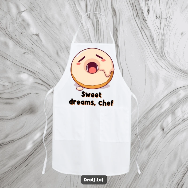 Funny sleepy donut character yawning with frosting melting, featured on a humorous and practical kitchen apron.