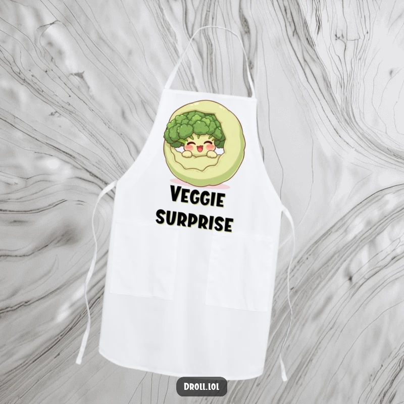 Funny giggling broccoli hiding inside a surprised vegetable on a chef's apron, a humorous kitchen accessory for playful cooks.