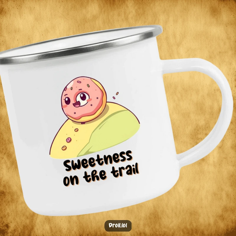Funny camping mug featuring a giggling jelly donut rolling downhill, perfect for enjoying beverages outdoors with a sweet, fun vibe.